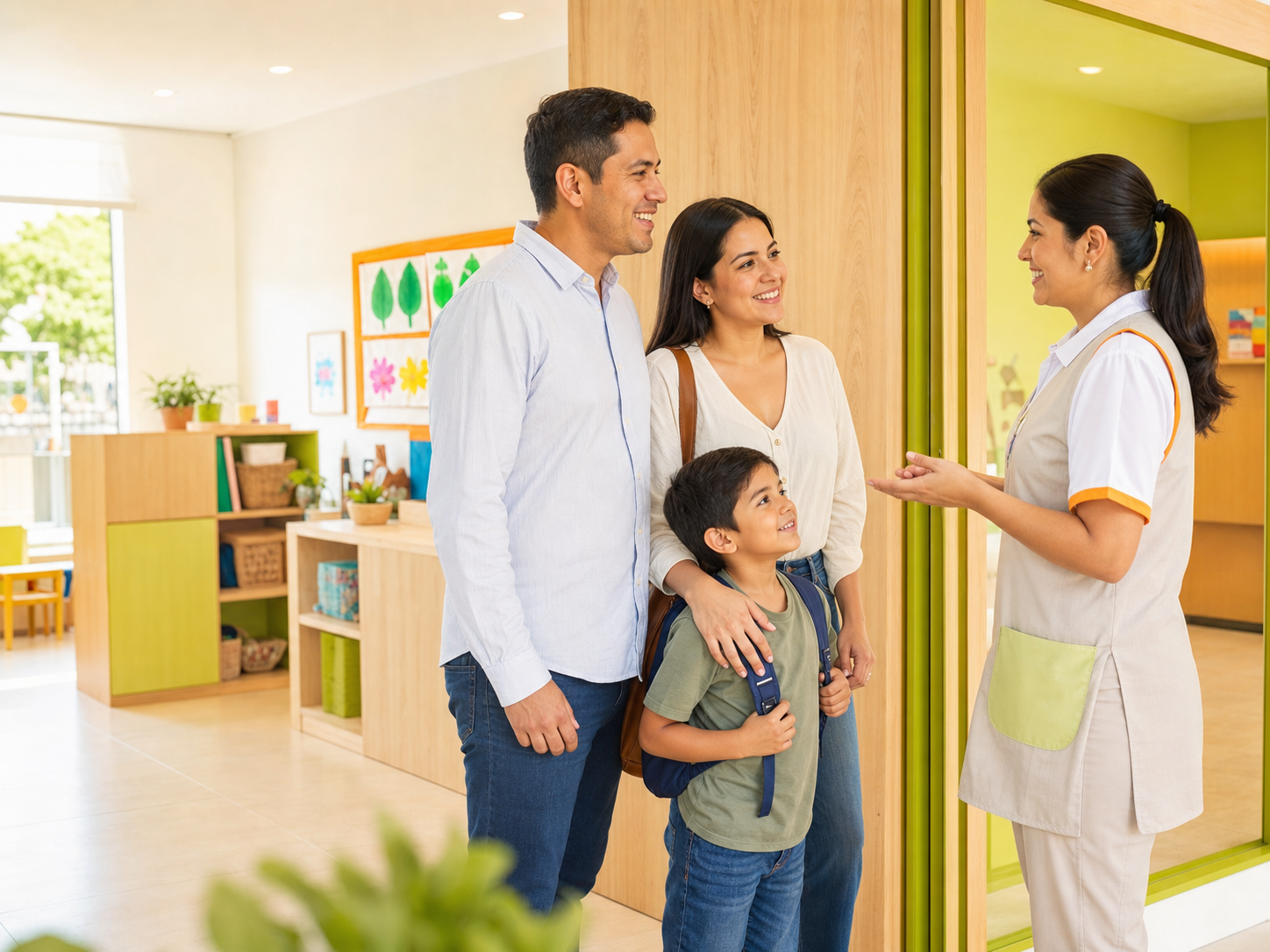 Familia realizando una visita guiada al centro infantil